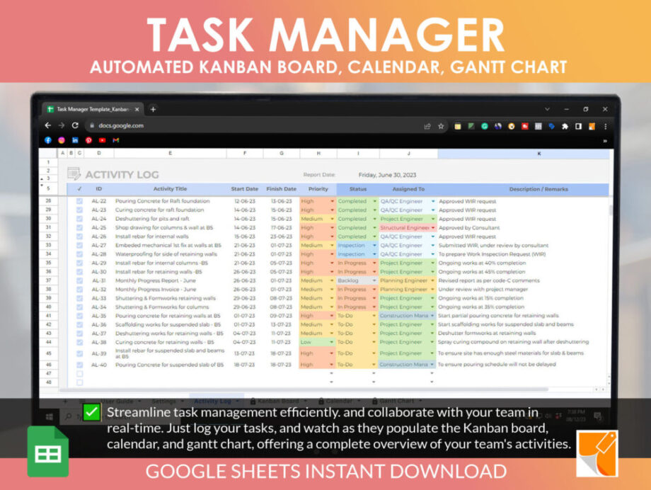 task manager template activity list